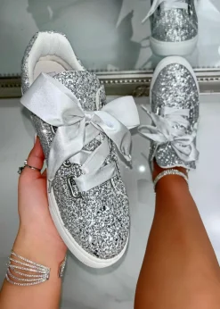 Love Lemonade Silver Sparkly Glitter Ribbon Lace Trainers