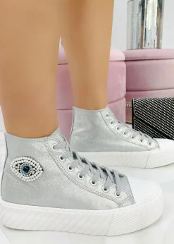 Love Lemonade Silver Sparkly Embellished Evil Eye High Top Trainers
