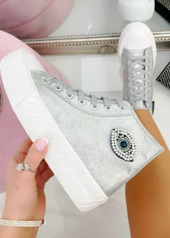 Love Lemonade Silver Sparkly Embellished Evil Eye High Top Trainers
