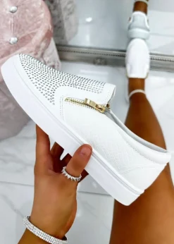 Love Lemonade White Crystal Suede Zip Pumps Trainers