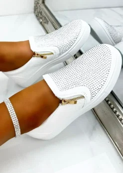 Love Lemonade White Crystal Suede Zip Pumps Trainers
