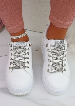 Love Lemonade White Crystal Hearts Sparkly Lace Up Trainers