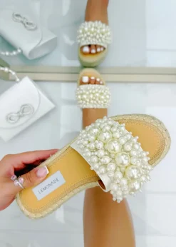 Love Lemonade White Sparkly Deluxe Pretty Pearl Platform Sliders