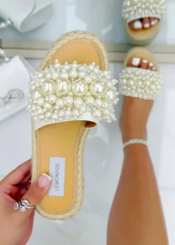 Love Lemonade White Sparkly Deluxe Pretty Pearl Platform Sliders