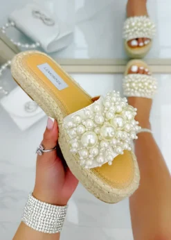 Love Lemonade White Sparkly Deluxe Pretty Pearl Platform Sliders