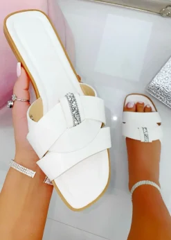 Love Lemonade White Sparkly Crystal Wrap Flat Sliders