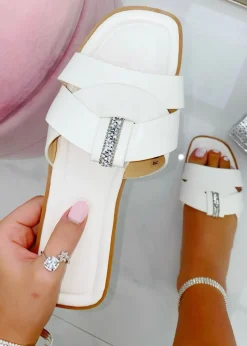 Love Lemonade White Sparkly Crystal Wrap Flat Sliders