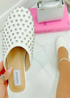 Love Lemonade White Sparkly Jewel Studded Slip On Mule Sliders