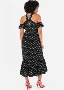 Lovedrobe Black Polka Dot Could Shoulder Halter Neck Midaxi Dress