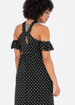 Lovedrobe Black Polka Dot Could Shoulder Halter Neck Midaxi Dress
