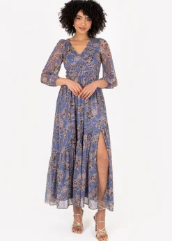 Lovedrobe Blue Floral Long Sleeve Maxi Dress With Self-Tie Back