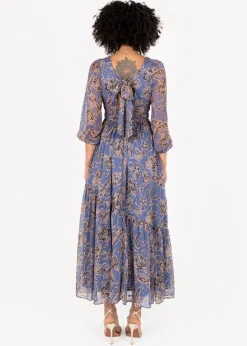 Lovedrobe Blue Floral Long Sleeve Maxi Dress With Self-Tie Back