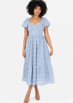 Lovedrobe Blue Short Puff Sleeve Midi Dress With Bow Detail
