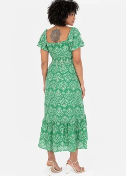 Lovedrobe Green Broderie Tie Neck Midaxi Dress