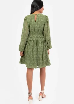 Lovedrobe Khaki Long Sleeve Floral Burn Out Mini Dress