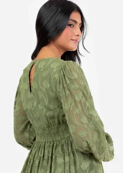 Lovedrobe Khaki Long Sleeve Floral Burn Out Mini Dress
