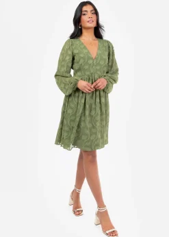 Lovedrobe Khaki Long Sleeve Floral Burn Out Mini Dress