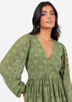Lovedrobe Khaki Long Sleeve Floral Burn Out Mini Dress