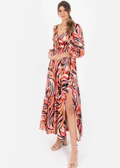 Lovedrobe Multi Long Sleeve Elasticated Satin Midi Dress