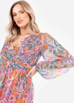 Lovedrobe Multi V-Neck Blouson Sleeve Gathered Midaxi Dress