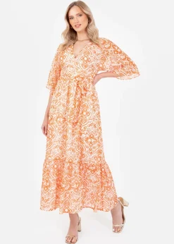 Lovedrobe Orange Kimono Sleeve Faux Wrap Midaxi Dress