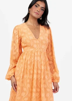 Lovedrobe Orange Puff Sleeve V-Neck Shirred Waist Mini Dress
