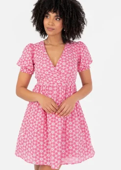 Lovedrobe Pink Floral Embroidered Short Sleeve Faux Wrap Mini Dress