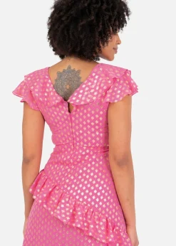 Lovedrobe Pink Flutter Sleeve V Neck Ruffled Midaxi Dress