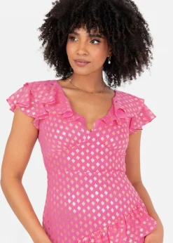 Lovedrobe Pink Flutter Sleeve V Neck Ruffled Midaxi Dress