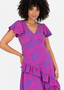 Lovedrobe Purple Floral V Neck Flutter Sleeve Midaxi Dress