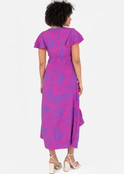 Lovedrobe Purple Floral V Neck Flutter Sleeve Midaxi Dress