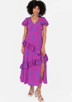 Lovedrobe Purple Floral V Neck Flutter Sleeve Midaxi Dress