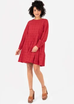 Lovedrobe Red Long Sleeve Broderie Smock Dress