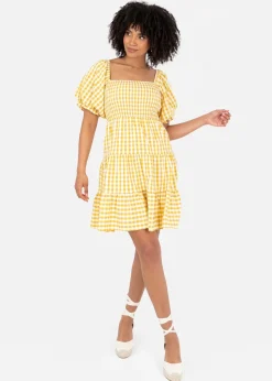 Lovedrobe Yellow Gingham Milkmaid Puff Sleeve Mini Dress
