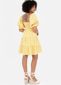 Lovedrobe Yellow Gingham Milkmaid Puff Sleeve Mini Dress