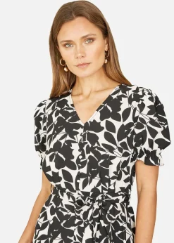 Mela Black And White Leaf Print Midi Tea Dress