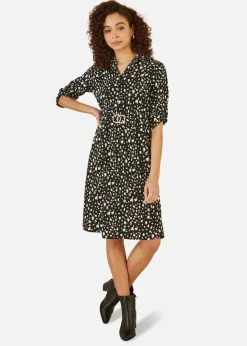 Mela Black Dash Print Skater Dress With Buckle