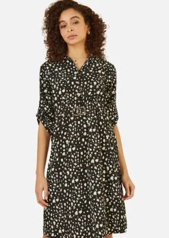 Mela Black Dash Print Skater Dress With Buckle