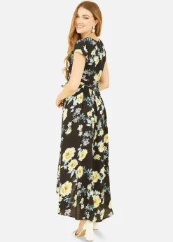 Mela Black Floral Print Dipped Hem Midi Wrap Dress