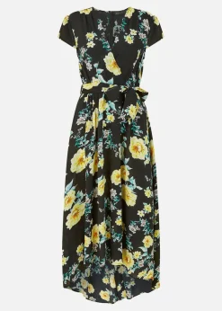 Mela Black Floral Print Dipped Hem Midi Wrap Dress