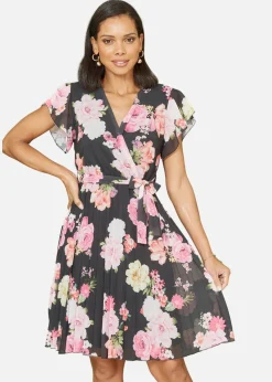 Mela Black Floral Print Pleated Wrap Skater Dress