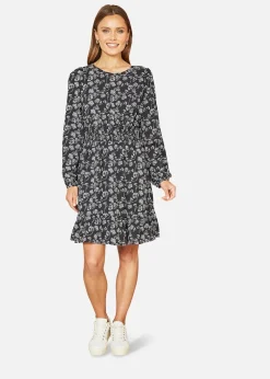 Mela Black Floral Print Ruched Waist Long Sleeve Skater Dress