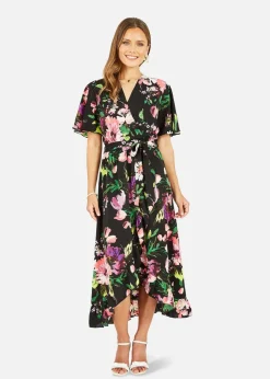 Mela Black Floral Wrap Midi Dress With Frills