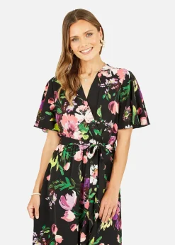 Mela Black Floral Wrap Midi Dress With Frills