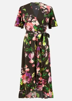 Mela Black Floral Wrap Midi Dress With Frills