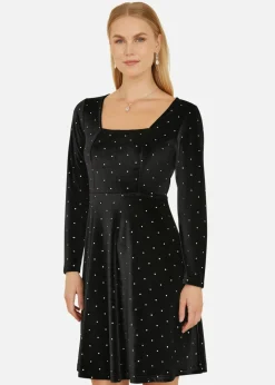 Mela Black Skater Dress With Diamantes and Long Sleeve