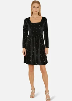 Mela Black Skater Dress With Diamantes and Long Sleeve
