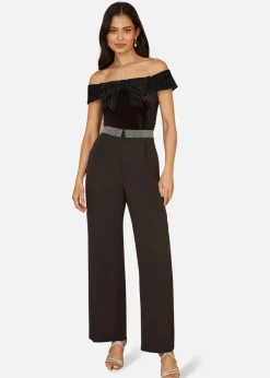 Mela Black Sparkle Velvet Bow Bardot Top