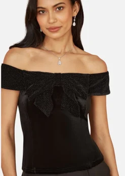 Mela Black Sparkle Velvet Bow Bardot Top