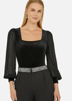 Mela Black Velvet Bodysuit With Sheer Sleeves And Square Neckline